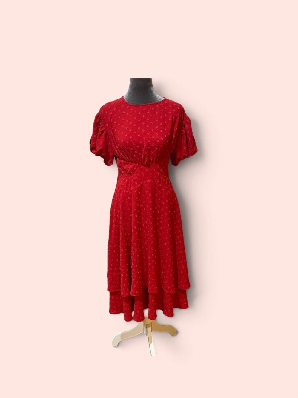 Boohoo Dobby Puff Sleeves Ruffle Midi Dress Size 6
